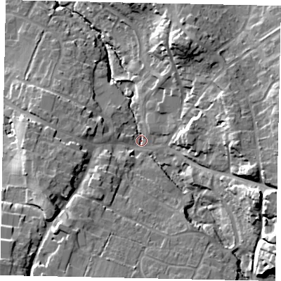 Shaded relief map of the ground around RH204DR, computed from Environment Agency LiDAR. The ground here sits at about 35 m above sea level and falls 28 m across the surrounding 800 m. Surface water reaching this point runs off ground lying to the east-south-east, 21.6 m higher.
