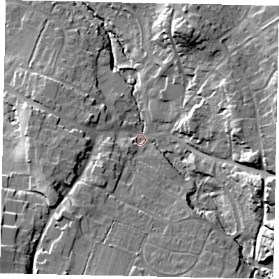 Shaded relief map of the ground around RH204DU, computed from Environment Agency LiDAR. The ground here sits at about 37 m above sea level and falls 27 m across the surrounding 800 m. Surface water reaching this point runs off ground lying to the east-south-east, 21.5 m higher.