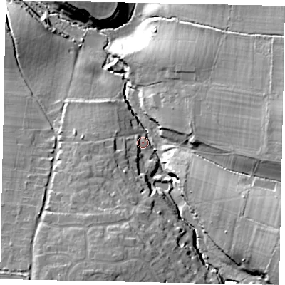 Shaded relief map of the ground around RH204FF, computed from Environment Agency LiDAR. The ground here sits at about 23 m above sea level and falls 24 m across the surrounding 800 m. Surface water reaching this point runs off ground lying to the south-east, 19.2 m higher.