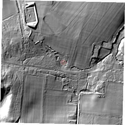 Shaded relief map of the ground around RH204HP, computed from Environment Agency LiDAR. The ground here sits at about 32 m above sea level and falls 30 m across the surrounding 800 m. Surface water reaching this point runs off ground lying to the north-west, 14.0 m higher.
