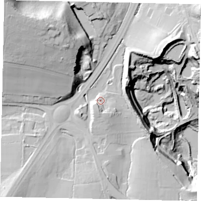 Shaded relief map of the ground around RH204TD, computed from Environment Agency LiDAR. The ground here sits at about 50 m above sea level and falls 72 m across the surrounding 800 m. Surface water reaching this point runs off ground lying to the south-south-west, 6.7 m higher.