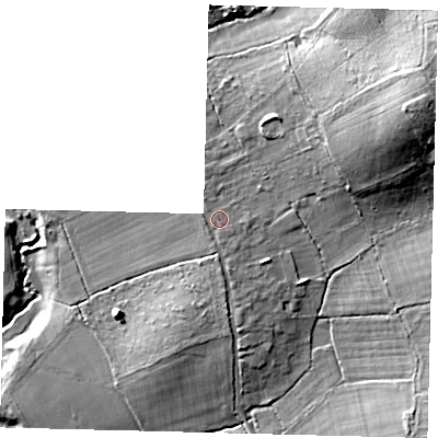 Shaded relief map of the ground around RH27QT, computed from Environment Agency LiDAR. The ground here sits at about 59 m above sea level and falls 21 m across the surrounding 800 m. Surface water reaching this point runs off ground lying to the south, 1.0 m higher.