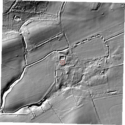 Shaded relief map of the ground around RH28HD, computed from Environment Agency LiDAR. The ground here sits at about 53 m above sea level and falls 12 m across the surrounding 800 m. Surface water reaching this point runs off ground lying to the south-east, 0.8 m higher.