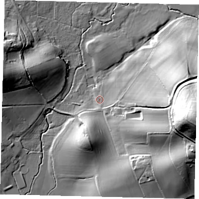 Shaded relief map of the ground around RH28LB, computed from Environment Agency LiDAR. The ground here sits at about 67 m above sea level and falls 65 m across the surrounding 800 m. Surface water reaching this point runs off ground lying to the east-south-east, 5.9 m higher.