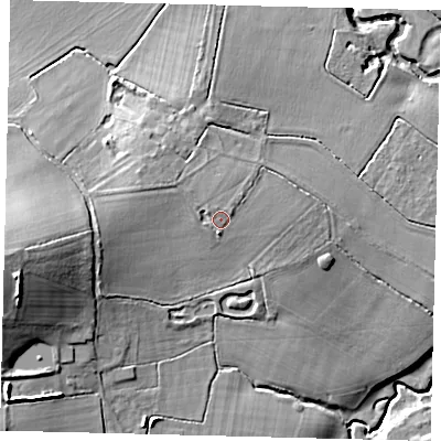 Shaded relief map of the ground around RH28PR, computed from Environment Agency LiDAR. The ground here sits at about 57 m above sea level and falls 21 m across the surrounding 800 m. Surface water reaching this point runs off ground lying to the north-east, 1.1 m higher.