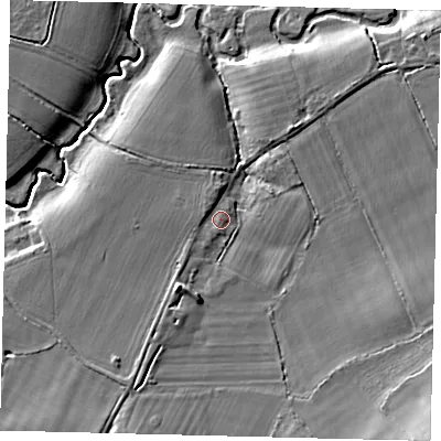 Shaded relief map of the ground around RH28PT, computed from Environment Agency LiDAR. The ground here sits at about 52 m above sea level and falls 13 m across the surrounding 800 m. Surface water reaching this point runs off ground lying to the south-south-west, 2.7 m higher.