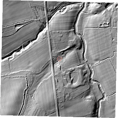 Shaded relief map of the ground around RH28QH, computed from Environment Agency LiDAR. The ground here sits at about 54 m above sea level and falls 20 m across the surrounding 800 m. Surface water reaching this point runs off ground lying to the south-south-west, 4.3 m higher.