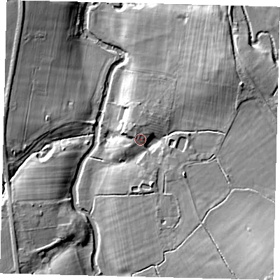 Shaded relief map of the ground around RH28QJ, computed from Environment Agency LiDAR. The ground here sits at about 54 m above sea level and falls 14 m across the surrounding 800 m. Surface water reaching this point runs off ground lying to the north-east, 3.8 m higher.