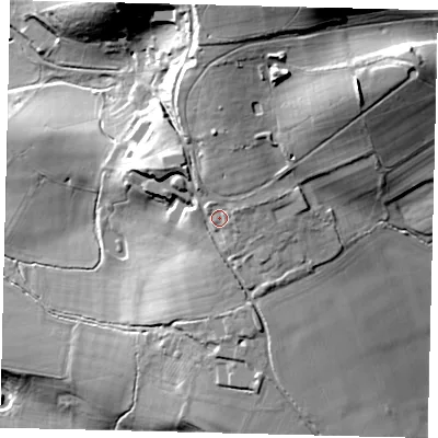 Shaded relief map of the ground around RH28QZ, computed from Environment Agency LiDAR. The ground here sits at about 72 m above sea level and falls 41 m across the surrounding 800 m. Surface water reaching this point runs off ground lying to the north, 4.7 m higher.