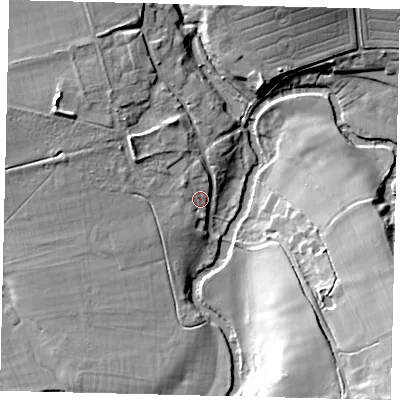 Shaded relief map of the ground around RH37AE, computed from Environment Agency LiDAR. The ground here sits at about 48 m above sea level and falls 20 m across the surrounding 800 m. Surface water reaching this point runs off ground lying to the north-north-west, 9.4 m higher.