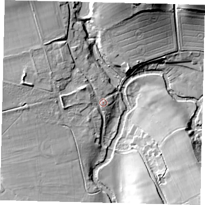 Shaded relief map of the ground around RH37DP, computed from Environment Agency LiDAR. The ground here sits at about 49 m above sea level and falls 26 m across the surrounding 800 m. Surface water reaching this point runs off ground lying to the north-west, 8.9 m higher.