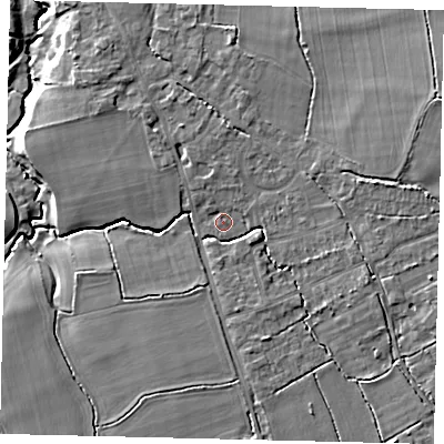 Shaded relief map of the ground around RH37JL, computed from Environment Agency LiDAR. The ground here sits at about 47 m above sea level and falls 10 m across the surrounding 800 m. Surface water reaching this point runs off ground lying to the north, 1.2 m higher.