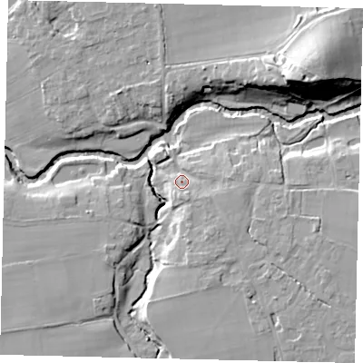 Shaded relief map of the ground around RH37JN, computed from Environment Agency LiDAR. The ground here sits at about 46 m above sea level and falls 22 m across the surrounding 800 m. Surface water reaching this point runs off ground lying to the south-east, 4.2 m higher.