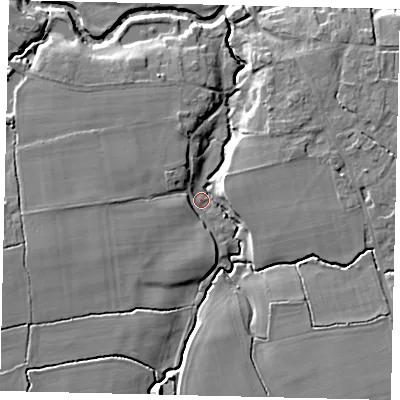 Shaded relief map of the ground around RH37JP, computed from Environment Agency LiDAR. The ground here sits at about 44 m above sea level and falls 10 m across the surrounding 800 m. Surface water reaching this point runs off ground lying to the south-west, 7.6 m higher.