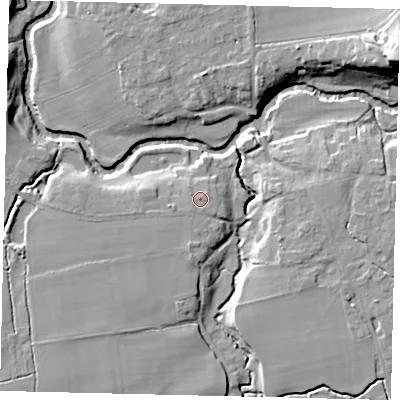 Shaded relief map of the ground around RH37JW, computed from Environment Agency LiDAR. The ground here sits at about 46 m above sea level and falls 21 m across the surrounding 800 m. Surface water reaching this point runs off ground lying to the south-south-west, 0.7 m higher.
