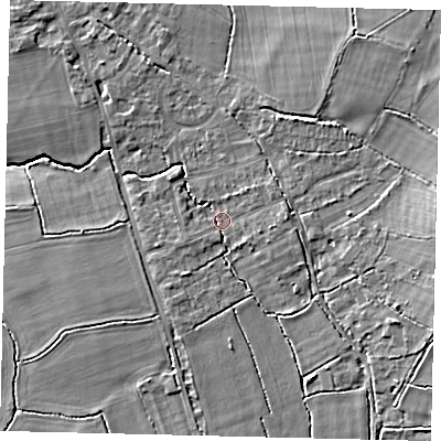 Shaded relief map of the ground around RH37JX, computed from Environment Agency LiDAR. The ground here sits at about 48 m above sea level and falls 8 m across the surrounding 800 m. Surface water reaching this point runs off ground lying to the east, 5.7 m higher.