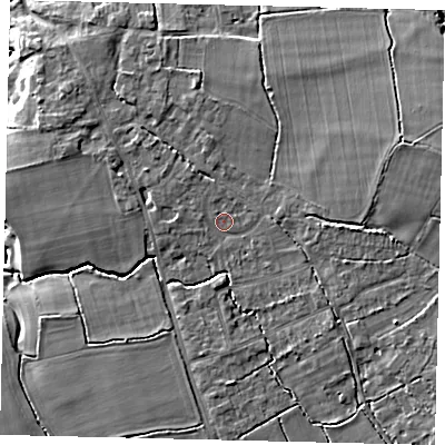 Shaded relief map of the ground around RH37LD, computed from Environment Agency LiDAR. The ground here sits at about 48 m above sea level and falls 10 m across the surrounding 800 m. Surface water reaching this point runs off ground lying to the east-north-east, 3.4 m higher.