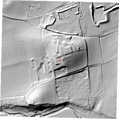 Shaded relief map of the ground around RH37LR, computed from Environment Agency LiDAR. The ground here sits at about 71 m above sea level and falls 38 m across the surrounding 800 m. Surface water reaching this point runs off ground lying to the north-north-east, 7.5 m higher.