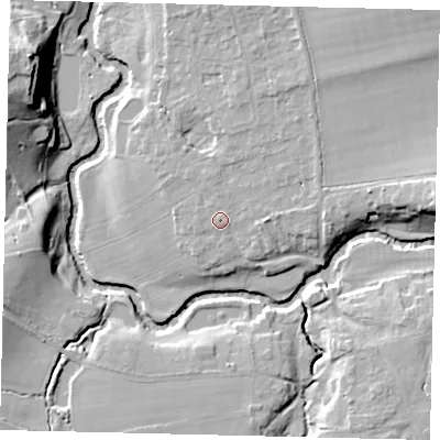 Shaded relief map of the ground around RH37NB, computed from Environment Agency LiDAR. The ground here sits at about 47 m above sea level and falls 25 m across the surrounding 800 m. Surface water reaching this point runs off ground lying to the north-east, 1.0 m higher.