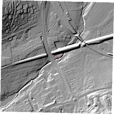 Shaded relief map of the ground around RH41AH, computed from Environment Agency LiDAR. The ground here sits at about 46 m above sea level and falls 40 m across the surrounding 800 m. Surface water reaching this point runs off ground lying to the south-south-east, 30.4 m higher.