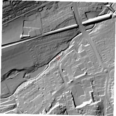Shaded relief map of the ground around RH41BJ, computed from Environment Agency LiDAR. The ground here sits at about 49 m above sea level and falls 38 m across the surrounding 800 m. Surface water reaching this point runs off ground lying to the south-south-east, 34.2 m higher.