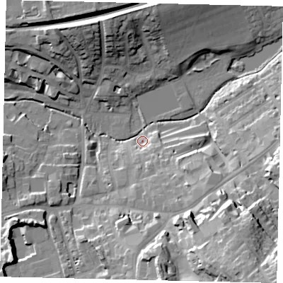 Shaded relief map of the ground around RH41BX, computed from Environment Agency LiDAR. The ground here sits at about 51 m above sea level and falls 37 m across the surrounding 800 m. Surface water reaching this point runs off ground lying to the south-east, 14.4 m higher.