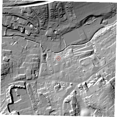 Shaded relief map of the ground around RH41DH, computed from Environment Agency LiDAR. The ground here sits at about 54 m above sea level and falls 36 m across the surrounding 800 m. Surface water reaching this point runs off ground lying to the south-east, 8.9 m higher.