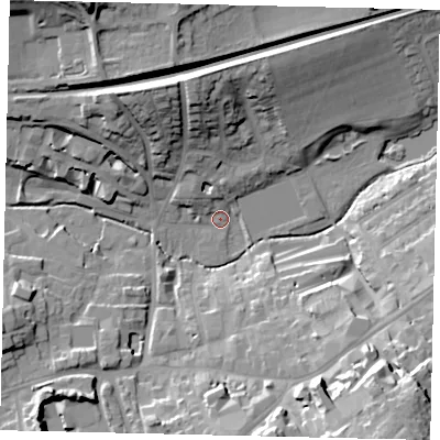 Shaded relief map of the ground around RH41DL, computed from Environment Agency LiDAR. The ground here sits at about 50 m above sea level and falls 32 m across the surrounding 800 m. Surface water reaching this point runs off ground lying to the south-east, 29.2 m higher.