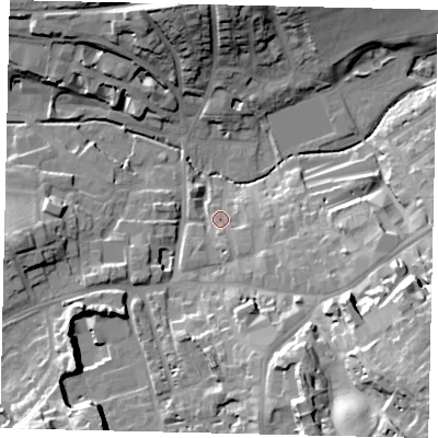 Shaded relief map of the ground around RH41DQ, computed from Environment Agency LiDAR. The ground here sits at about 54 m above sea level and falls 34 m across the surrounding 800 m. Surface water reaching this point runs off ground lying to the south-east, 28.2 m higher.