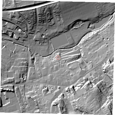 Shaded relief map of the ground around RH41DR, computed from Environment Agency LiDAR. The ground here sits at about 54 m above sea level and falls 38 m across the surrounding 800 m. Surface water reaching this point runs off ground lying to the south-south-east, 9.0 m higher.