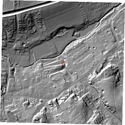 Shaded relief map of the ground around RH41DX, computed from Environment Agency LiDAR. The ground here sits at about 52 m above sea level and falls 38 m across the surrounding 800 m. Surface water reaching this point runs off ground lying to the south-south-east, 32.1 m higher.