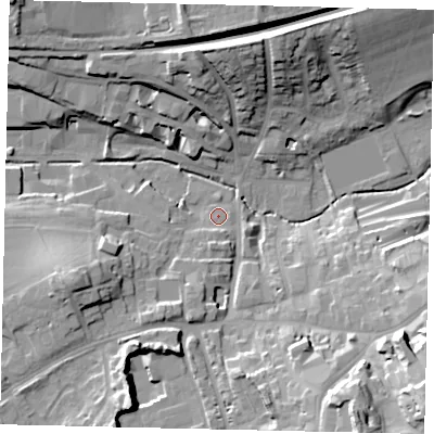 Shaded relief map of the ground around RH41DY, computed from Environment Agency LiDAR. The ground here sits at about 52 m above sea level and falls 28 m across the surrounding 800 m. Surface water reaching this point runs off ground lying to the south-south-west, 4.3 m higher.