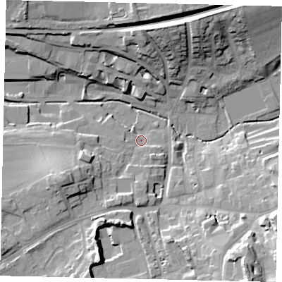 Shaded relief map of the ground around RH41EA, computed from Environment Agency LiDAR. The ground here sits at about 53 m above sea level and falls 28 m across the surrounding 800 m. Surface water reaching this point runs off ground lying to the south-south-west, 17.6 m higher.