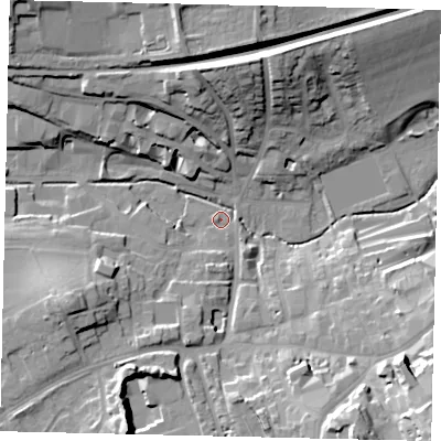 Shaded relief map of the ground around RH41EH, computed from Environment Agency LiDAR. The ground here sits at about 51 m above sea level and falls 29 m across the surrounding 800 m. Surface water reaching this point runs off ground lying to the south-south-west, 19.6 m higher.