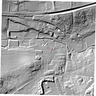 Shaded relief map of the ground around RH41EJ, computed from Environment Agency LiDAR. The ground here sits at about 54 m above sea level and falls 26 m across the surrounding 800 m. Surface water reaching this point runs off ground lying to the south, 19.5 m higher.