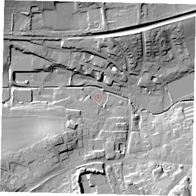 Shaded relief map of the ground around RH41EL, computed from Environment Agency LiDAR. The ground here sits at about 51 m above sea level and falls 26 m across the surrounding 800 m. Surface water reaching this point runs off ground lying to the south, 18.6 m higher.