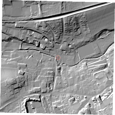 Shaded relief map of the ground around RH41EN, computed from Environment Agency LiDAR. The ground here sits at about 51 m above sea level and falls 30 m across the surrounding 800 m. Surface water reaching this point runs off ground lying to the north, 19.9 m higher.