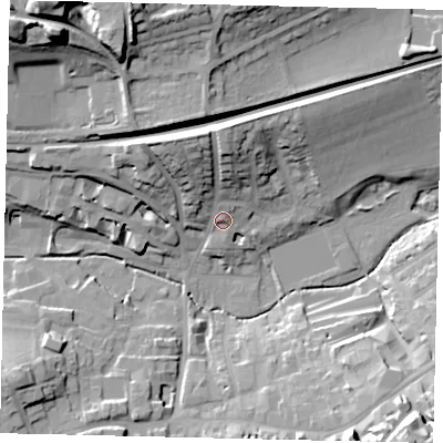 Shaded relief map of the ground around RH41ER, computed from Environment Agency LiDAR. The ground here sits at about 56 m above sea level and falls 41 m across the surrounding 800 m. Surface water reaching this point runs off ground lying to the north-north-west, 14.9 m higher.