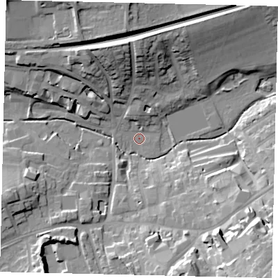 Shaded relief map of the ground around RH41EW, computed from Environment Agency LiDAR. The ground here sits at about 50 m above sea level and falls 33 m across the surrounding 800 m. Surface water reaching this point runs off ground lying to the south-east, 31.0 m higher.
