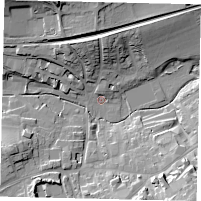 Shaded relief map of the ground around RH41GU, computed from Environment Agency LiDAR. The ground here sits at about 51 m above sea level and falls 32 m across the surrounding 800 m. Surface water reaching this point runs off ground lying to the north-north-west, 19.9 m higher.