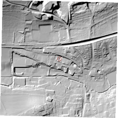 Shaded relief map of the ground around RH41HJ, computed from Environment Agency LiDAR. The ground here sits at about 58 m above sea level and falls 50 m across the surrounding 800 m. Surface water reaching this point runs off ground lying to the north-east, 11.0 m higher.