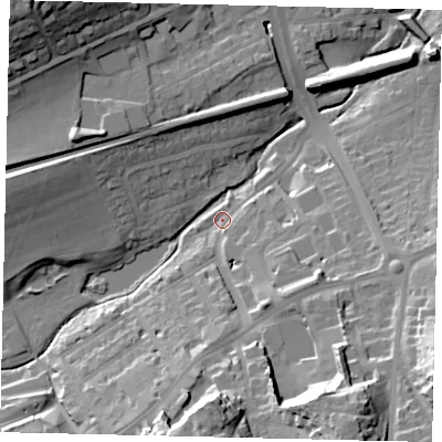 Shaded relief map of the ground around RH41JE, computed from Environment Agency LiDAR. The ground here sits at about 49 m above sea level and falls 35 m across the surrounding 800 m. Surface water reaching this point runs off ground lying to the south-south-east, 29.7 m higher.