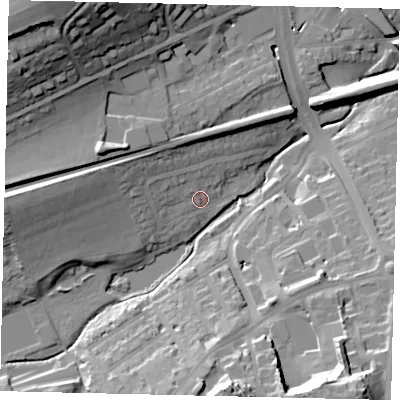 Shaded relief map of the ground around RH41JG, computed from Environment Agency LiDAR. The ground here sits at about 50 m above sea level and falls 39 m across the surrounding 800 m. Surface water reaching this point runs off ground lying to the west-north-west, 9.8 m higher.