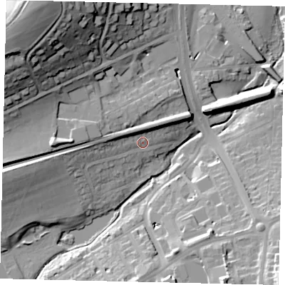 Shaded relief map of the ground around RH41JH, computed from Environment Agency LiDAR. The ground here sits at about 51 m above sea level and falls 43 m across the surrounding 800 m. Surface water reaching this point runs off ground lying to the west-south-west, 14.4 m higher.