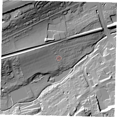 Shaded relief map of the ground around RH41JJ, computed from Environment Agency LiDAR. The ground here sits at about 53 m above sea level and falls 40 m across the surrounding 800 m. Surface water reaching this point runs off ground lying to the north-west, 7.5 m higher.