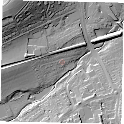 Shaded relief map of the ground around RH41JQ, computed from Environment Agency LiDAR. The ground here sits at about 50 m above sea level and falls 42 m across the surrounding 800 m. Surface water reaching this point runs off ground lying to the west, 13.9 m higher.