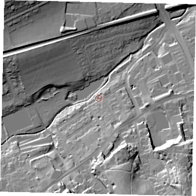 Shaded relief map of the ground around RH41LD, computed from Environment Agency LiDAR. The ground here sits at about 51 m above sea level and falls 39 m across the surrounding 800 m. Surface water reaching this point runs off ground lying to the south, 24.1 m higher.