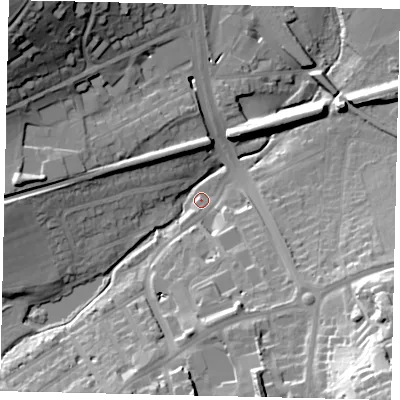 Shaded relief map of the ground around RH41LH, computed from Environment Agency LiDAR. The ground here sits at about 47 m above sea level and falls 43 m across the surrounding 800 m. Surface water reaching this point runs off ground lying to the south-east, 41.8 m higher.