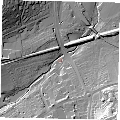 Shaded relief map of the ground around RH41LJ, computed from Environment Agency LiDAR. The ground here sits at about 46 m above sea level and falls 41 m across the surrounding 800 m. Surface water reaching this point runs off ground lying to the south-east, 39.3 m higher.