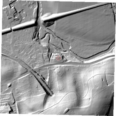 Shaded relief map of the ground around RH41NN, computed from Environment Agency LiDAR. The ground here sits at about 53 m above sea level and falls 63 m across the surrounding 800 m. Surface water reaching this point runs off ground lying to the east-north-east, 2.4 m higher.